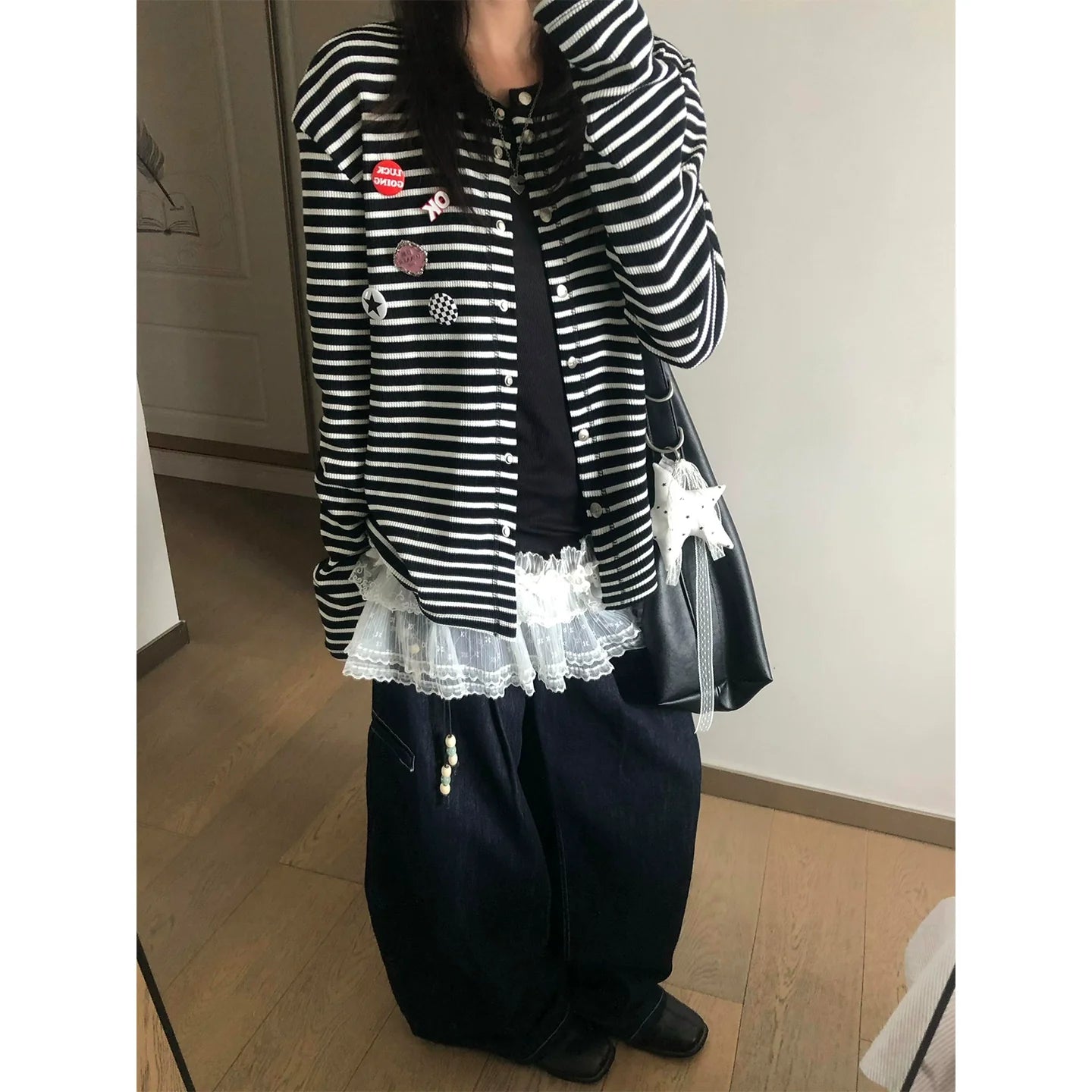 Vintage Black-White Stripe Knit Cardigan Y2K Loose Lazy Sweater
