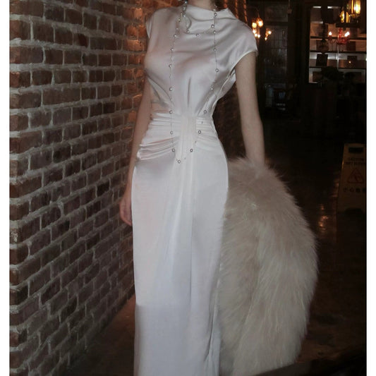 French Satin Pleated Gown Dress – High-End Fitted Evening Dress