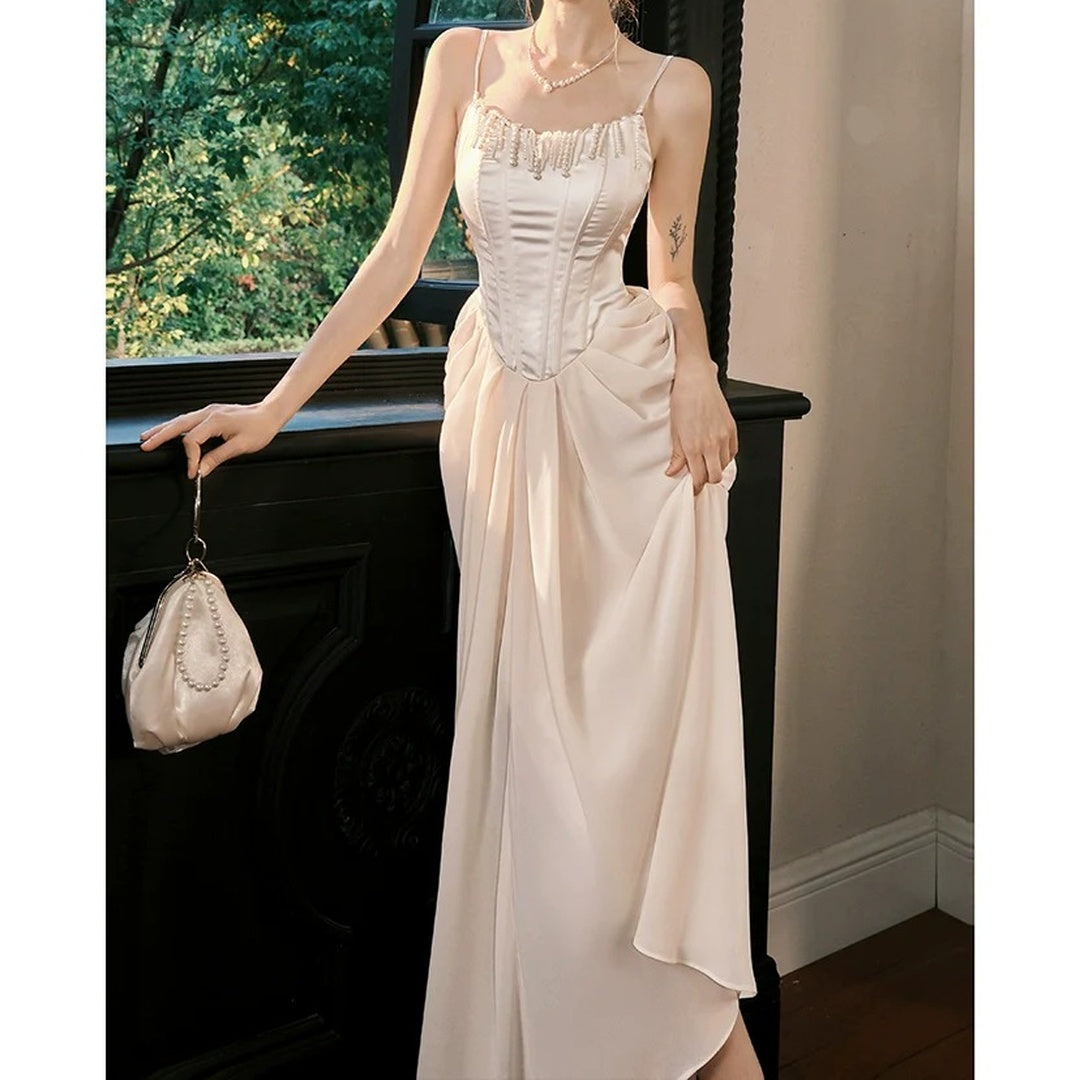 Pearl Pendant Mermaid Satin Gown Dress