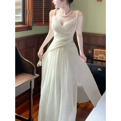 French White Spaghetti Strap Pleated Waist Gown Dress