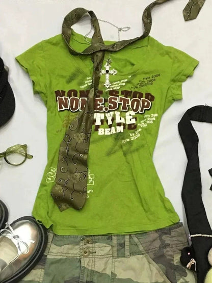 Green Misplaced Print Subculture Y2K E-girl Abi American Retro Foreign Vintage Slim Short Sleeve Top
