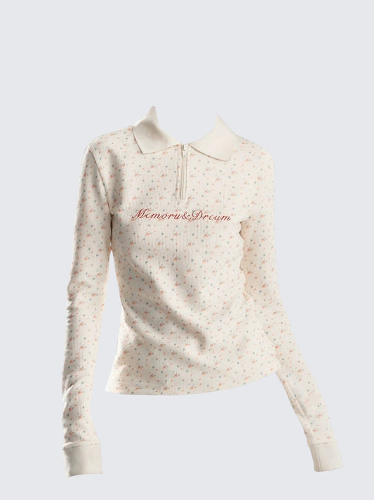 Korean Floral Half Zip Long Sleeve Tee