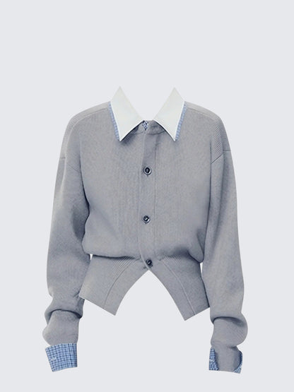 Korean Fake Two-Piece Shirt Collar Cardigan