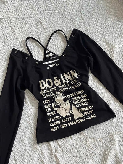 Black Long-Sleeve and Stripe Camisole Y2K Two Pieces Sets