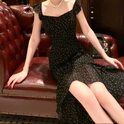 Black Polka Dot Spaghetti Gown Prom Dress
