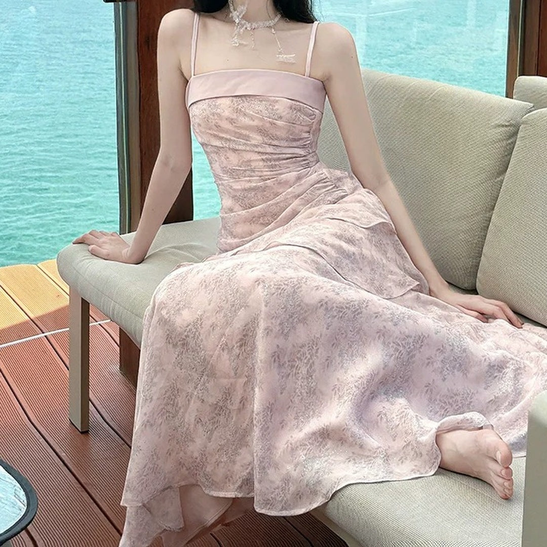 Pink Ruffle Spaghetti Gown Prom Dress