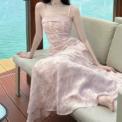 Pink Ruffle Spaghetti Gown Prom Dress