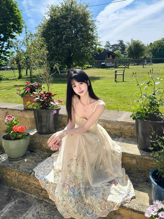 Secret Garden Heavy Embroidery Spaghetti-Strap Beach Dress