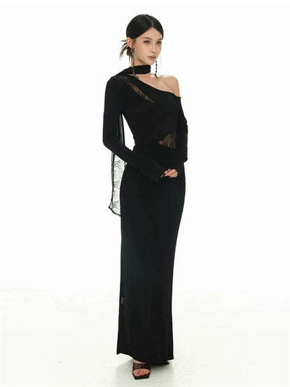 Black Shimmering Lace-Paneled Off-The-Shoulder Slim-Fit Knit Evening Dress