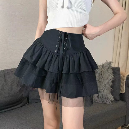 Black [With Lining] Subculture Punk Y2K E-girl Tie-Waist Fluffy High-Waisted Short Slimming Cake Skirt