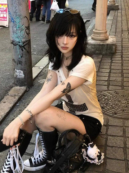 White Subculture Punk Y2K E-girl Abi American Retro V-neck Cross Rhinestone Short Sleeve Top