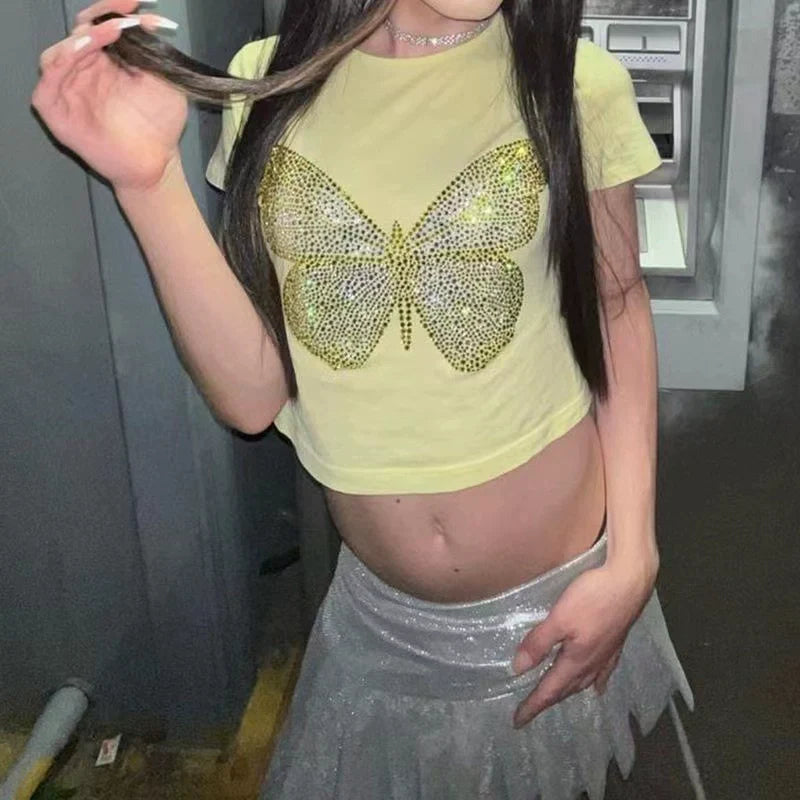 Yellow Cropped Butterfly Rhinestone Slim Y2K T-Shirt