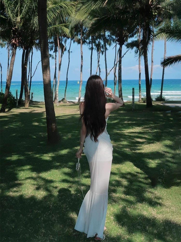 French High-End Rhinestone-Embellished Halter Mermaid Dress