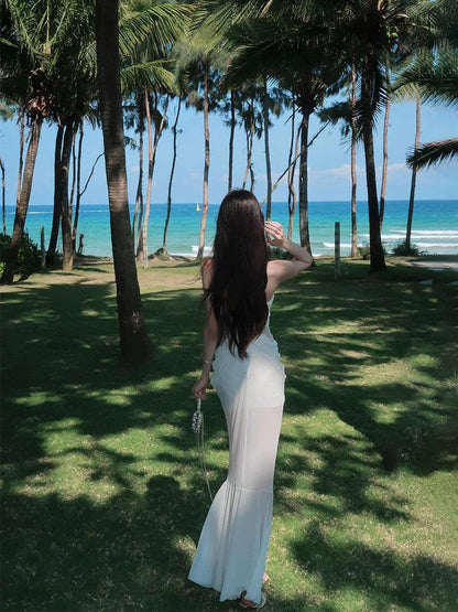 French High-End Rhinestone-Embellished Halter Mermaid Dress