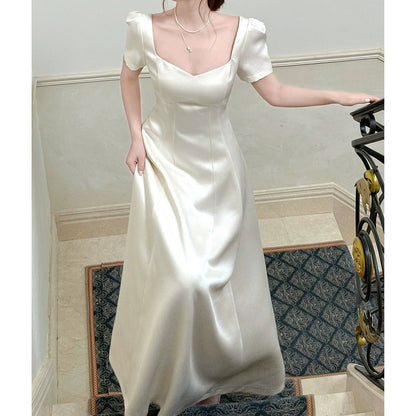 French Satin Waist Short Sleeve Gown Dress
