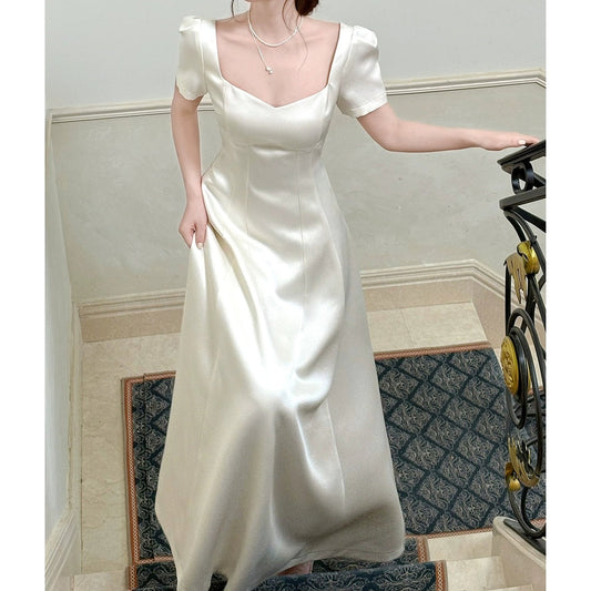 French Satin Waist Short Sleeve Gown Dress