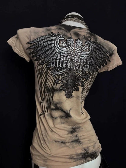 Spiked Wing Print Subculture Rock Punk Y2K Abi American Retro Waist-Cinched Short Sleeve Top