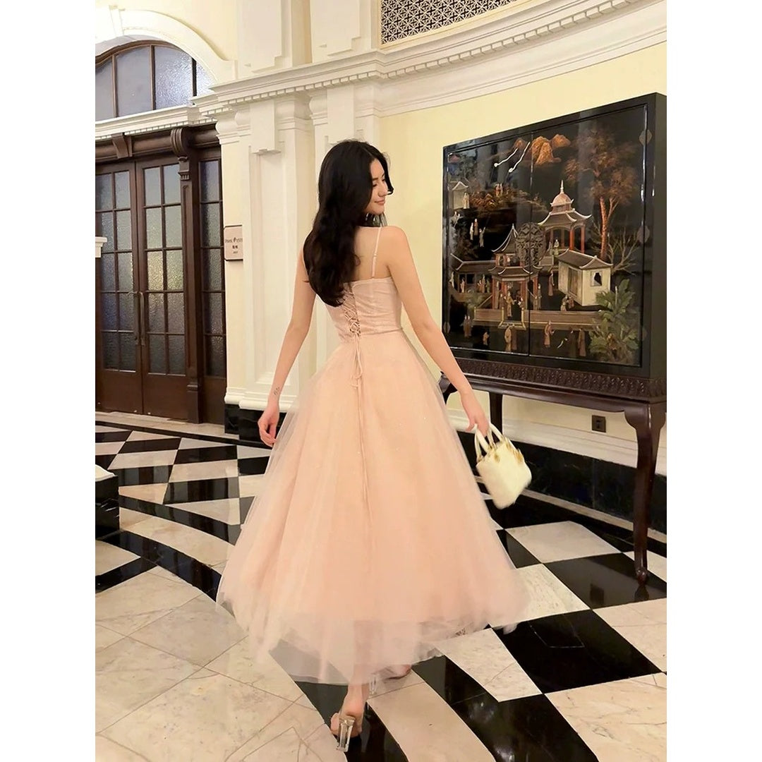 Sequin Lace Mermaid Spaghetti Strap Pink Gown Dress