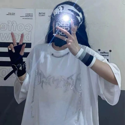 Black Subculture Punk Hip-Hop Y2K E-girl Rhinestone Chain Oversized Short Sleeve Top
