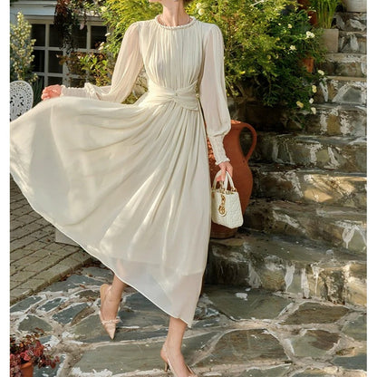 French Knot Waist Long Sleeve Chiffon Gown Dress