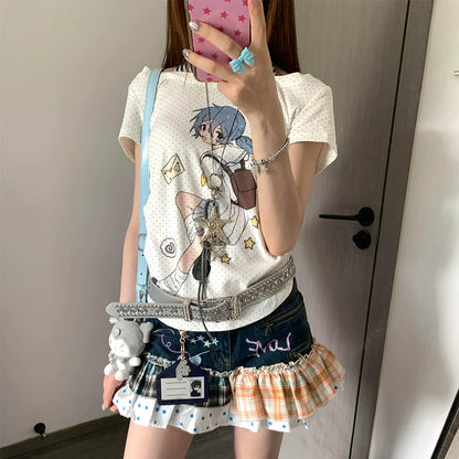 Y2K Polka Dot Halter Layered Tee Otaku Subculture Double-Layer Top