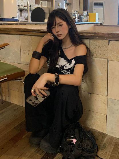 Y2K Hot Girl Off-Shoulder Lace-Up Corset Tee  Slim Fit Cropped Summer Top