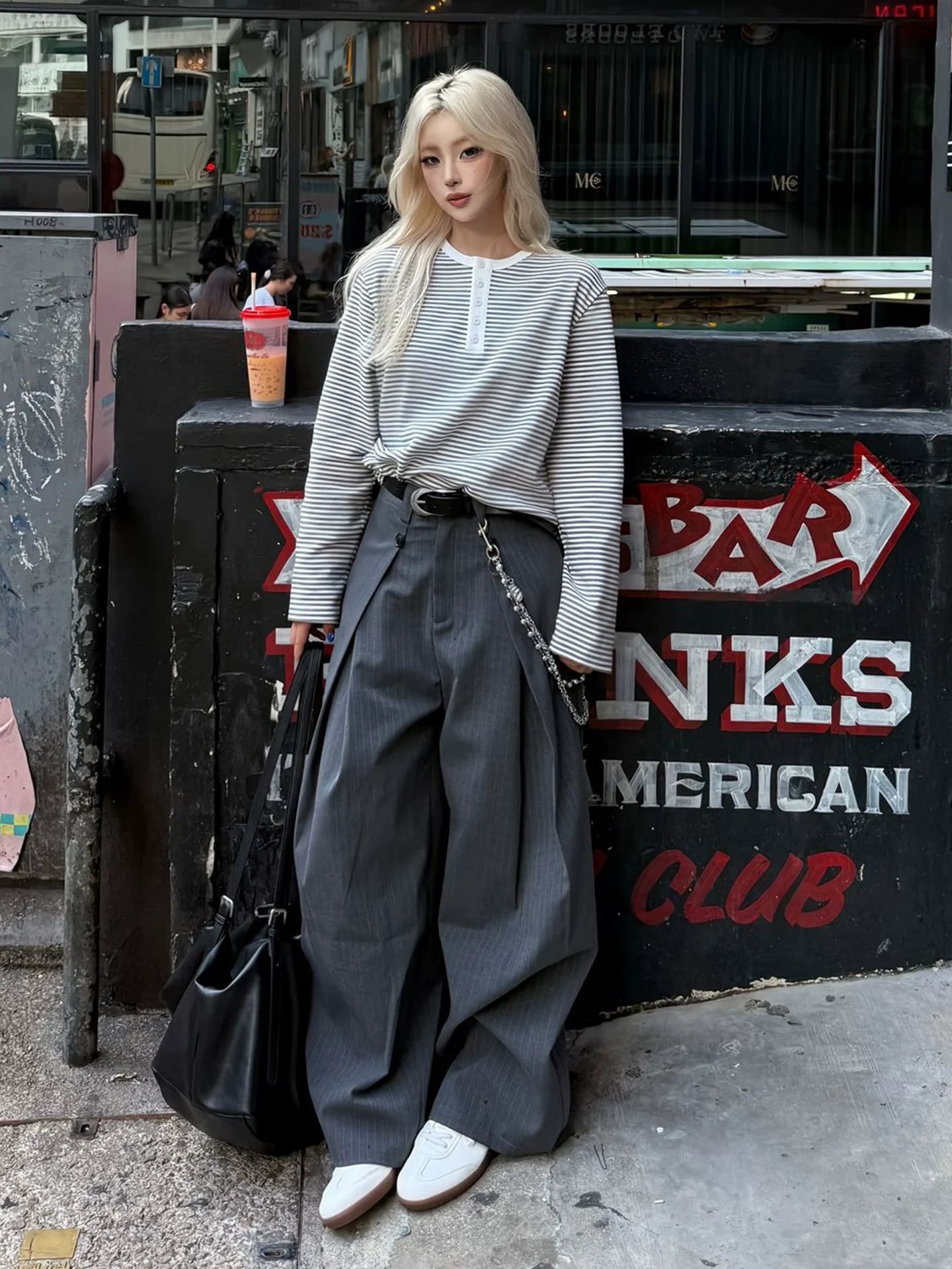 Retro Striped Henley Long Sleeve Top for Early Autumn