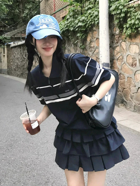 Striped Polo Tee with Puff Sleeves Loose Half-Zip Crop Top