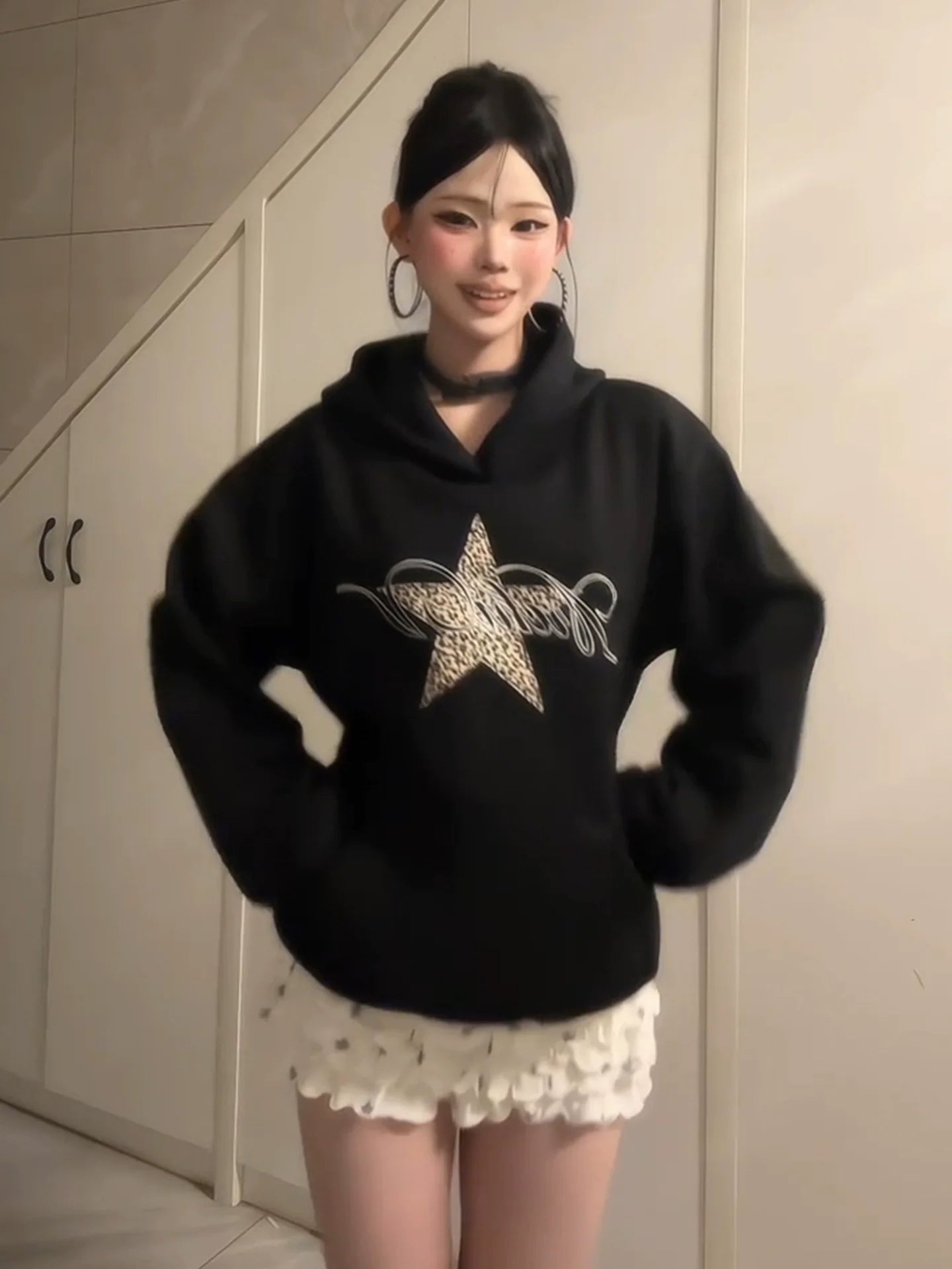 Heavyweight Black Leopard Star Hoodie Oversized Top