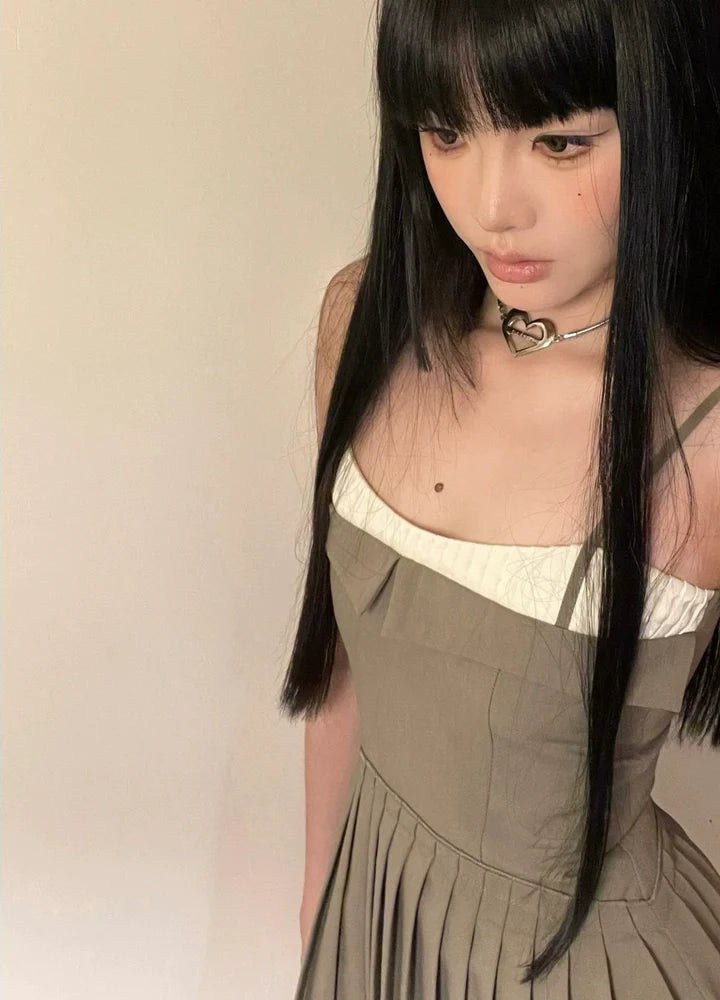 90s Retro Brown Camisole Pleated A-Line Mini Dress