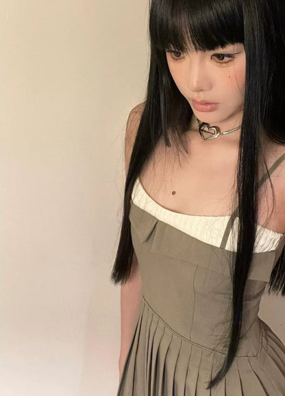 90s Retro Brown Camisole Pleated A-Line Mini Dress