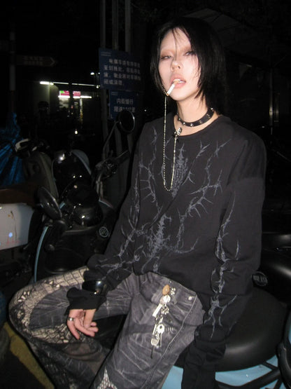 Y2K Black Curved Knife Long Sleeve Punk Tee