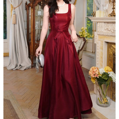 French Red Vintage Waist Full Skirt Gown Dress