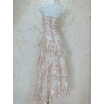 Pink Chiffon Floral Fitted Halter Gown Dress