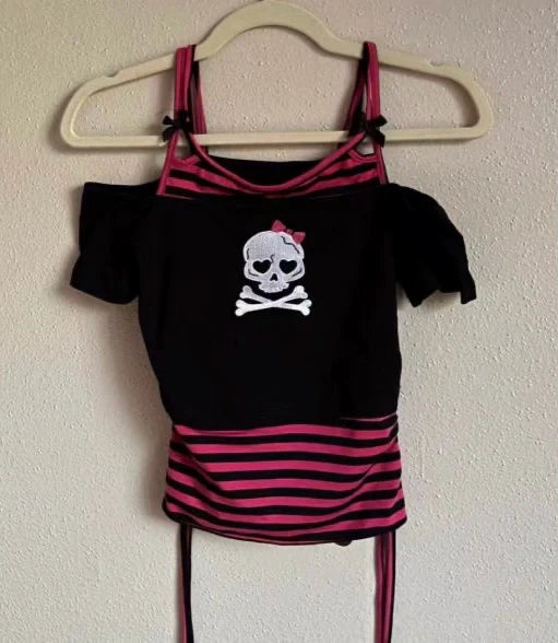 Black Fake Two-Piece Short Sleeve Subculture Punk Y2K Abi American Striped Skull Print Top