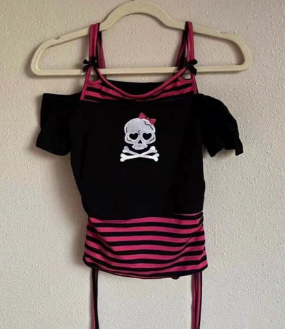 Black Fake Two-Piece Short Sleeve Subculture Punk Y2K Abi American Striped Skull Print Top
