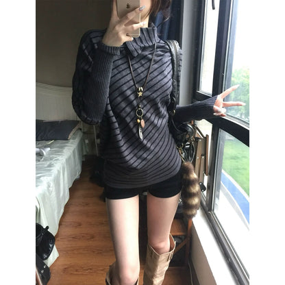 Vintage Gray Stripe Batwing Turtleneck Sweater Slim Waist Top