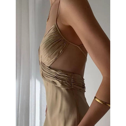 French V-Neck Cross Satin Spaghetti Strap Gown Dress