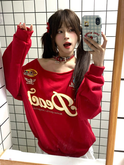 American Red Slanted Shoulder Hoodie Autumn Retro Letter Print Loose Fit Spicy Girl Top