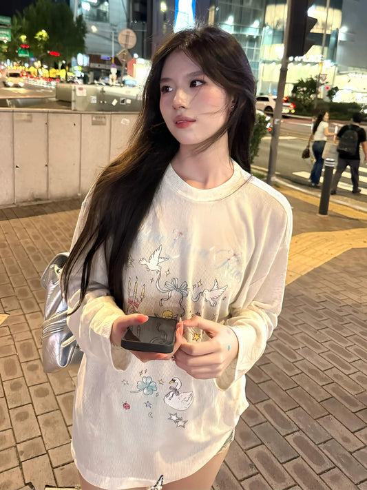 Lazy Style Sun Protection Graffiti Angel Long Sleeve Top