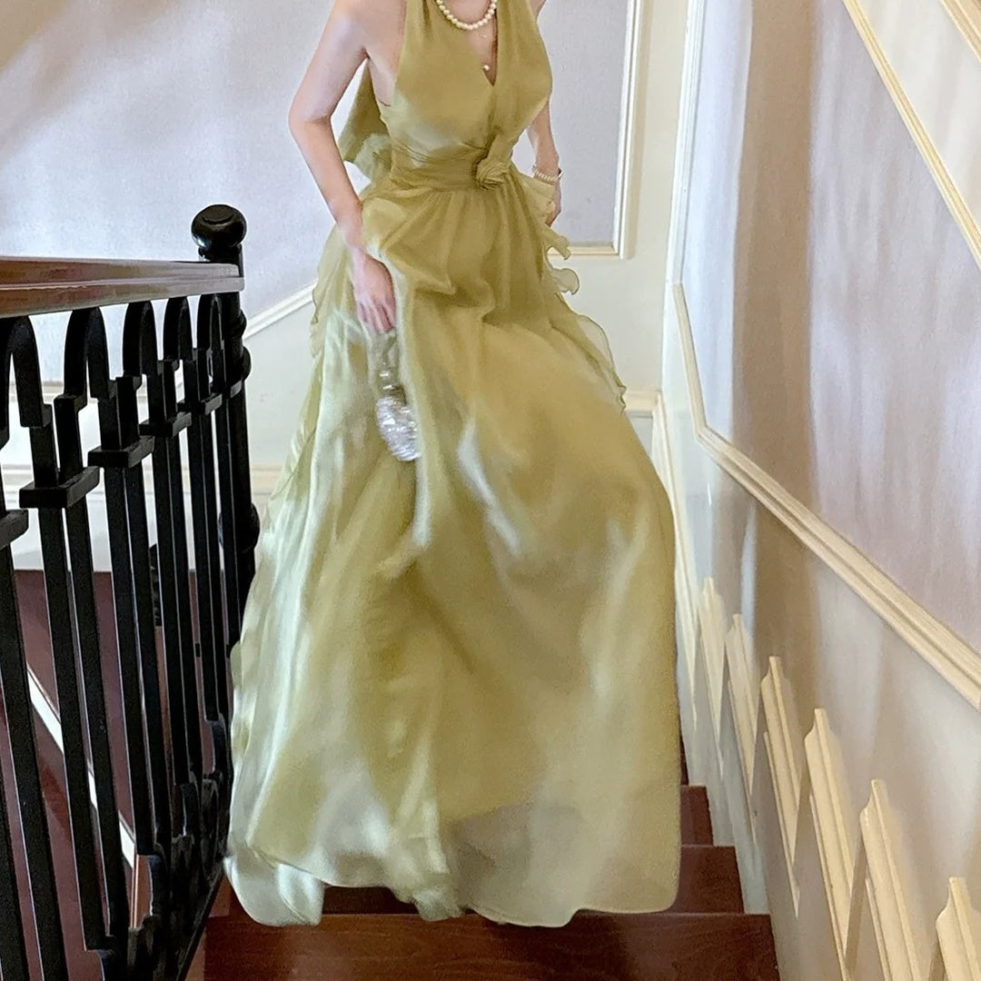 French Holiday Ruffle Halter Tulle Gown Dress