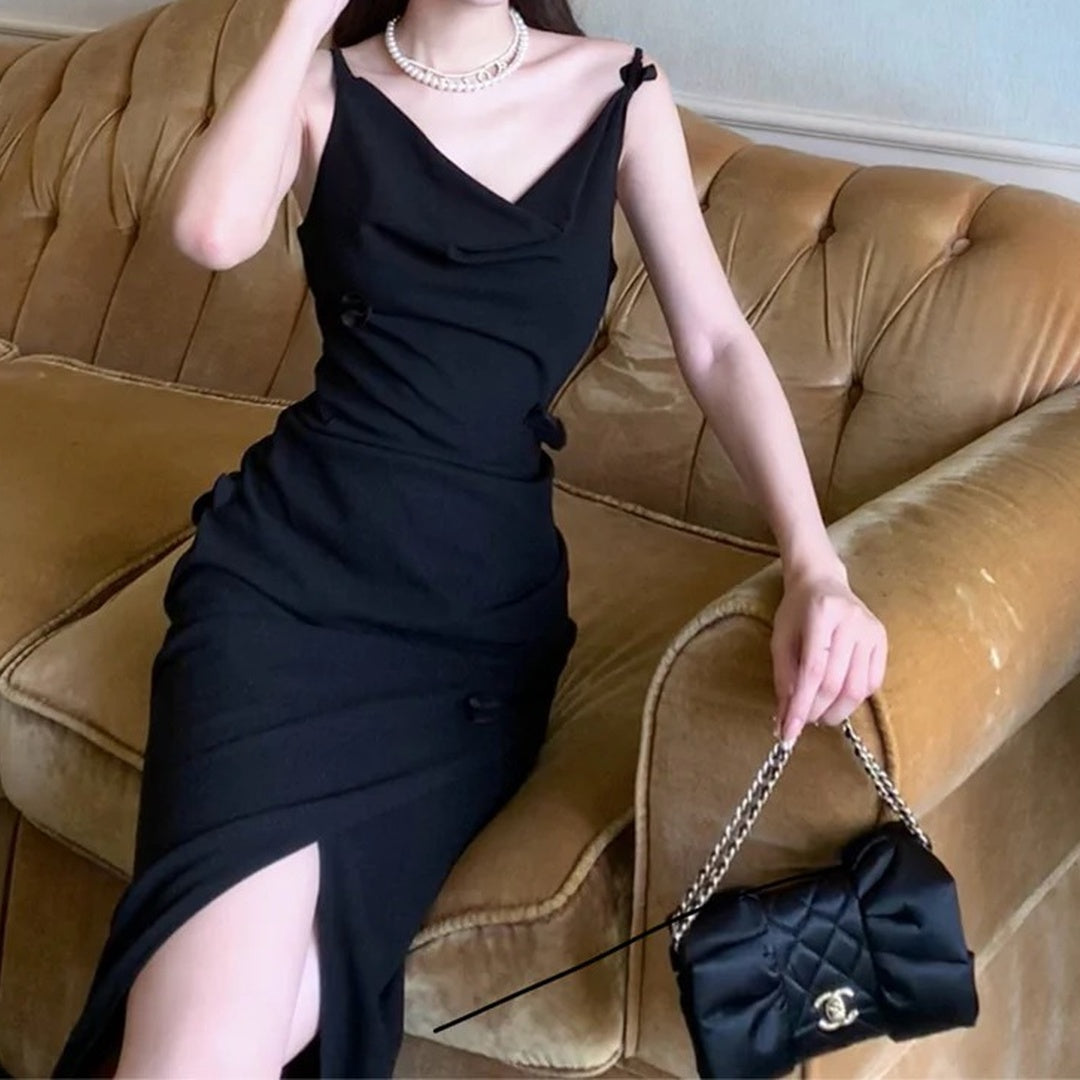 French Black Chic Spaghetti Gown Dress