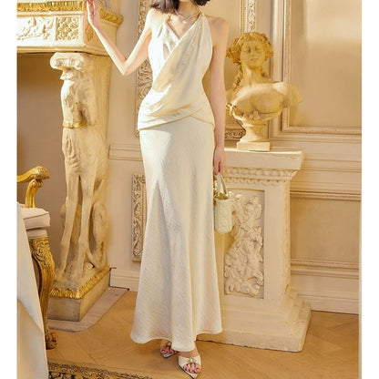 French Satin Halter Neck Pearl Waist Holiday Bodycon Gown Dress