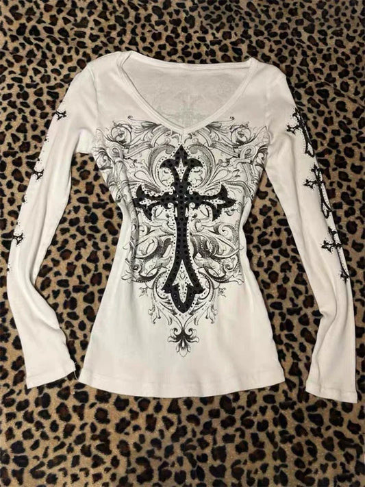 White V-Neck Cross Print Long Sleeve Tee Y2K Top
