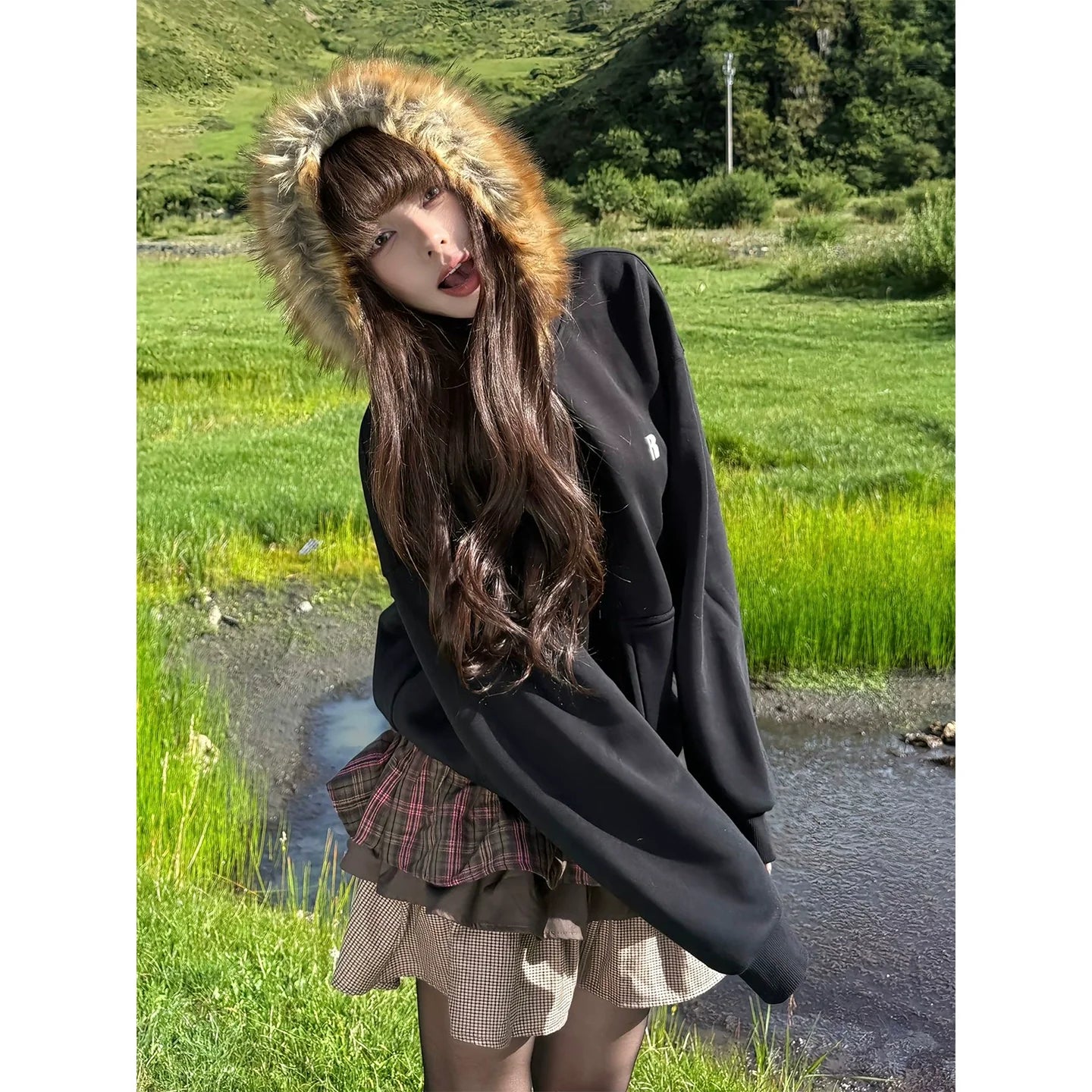 American Vintage Fur Hoodie Jacket Autumn-Winter Warm Zip-Up Sweatshirt Loose Fit