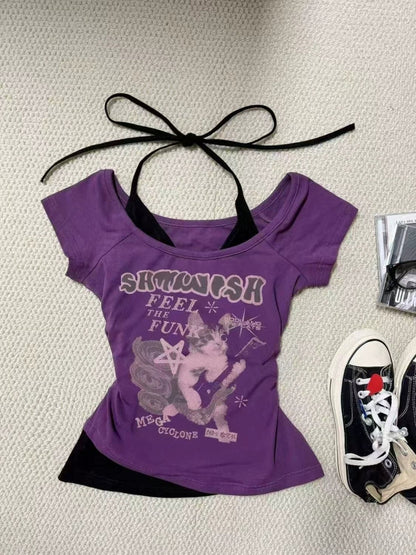 Purple Subculture Y2K Abi E-girl American Retro Fake Two-Piece Halter Short Sleeve Top