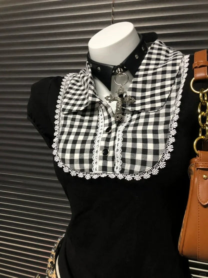 Plaid Fake Two-Piece Slim Y2K T-Shirt