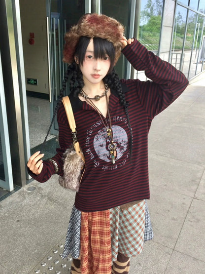 Subculture Black-Red Stripe Long Sleeve Tee Musical Print Polo Top