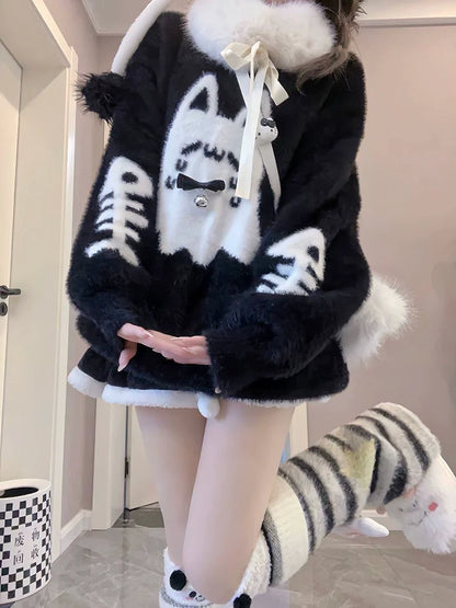 Aqua Y2K Anime Ghost Cat Faux Mink Hooded Sweater