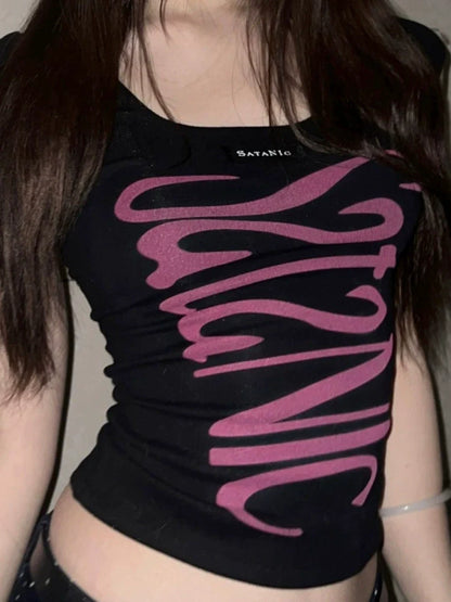 Black American Vintage Visual Kei Tie Open-Back Letter Y2K T-Shirt